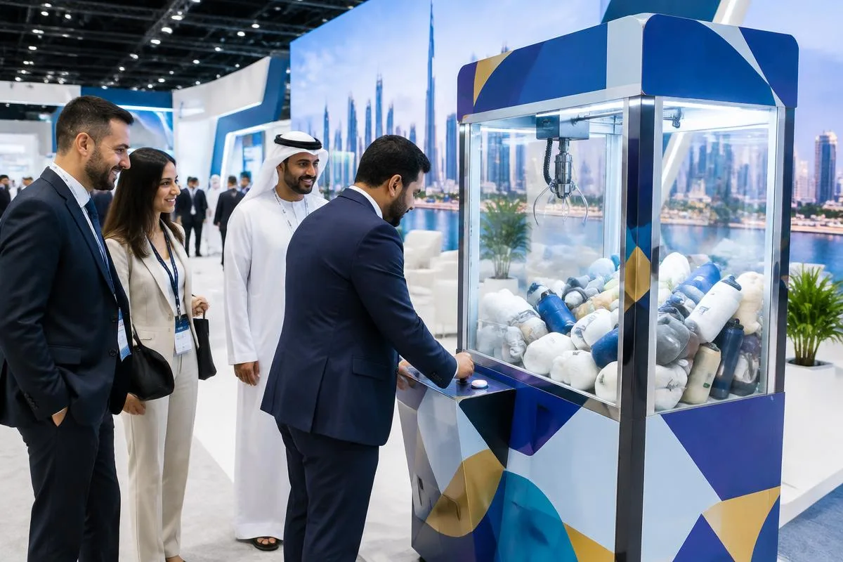 Custom wrapped claw machine with neutral merchandise at a Dubai exhibition