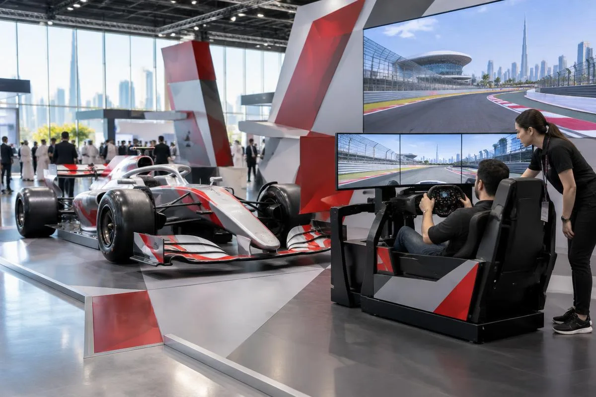 Open-wheel racing simulator with neutral geometric event graphics at a Dubai exhibition