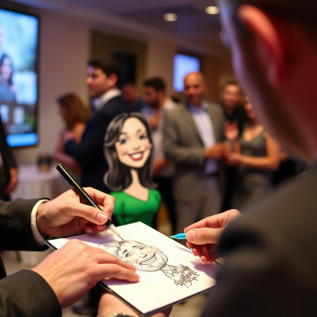 Caricature artist sketching guests at a Dubai family event