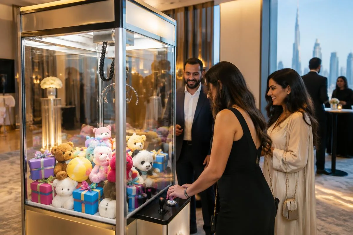 Guests playing a prize filled claw machine at an indoor Dubai event