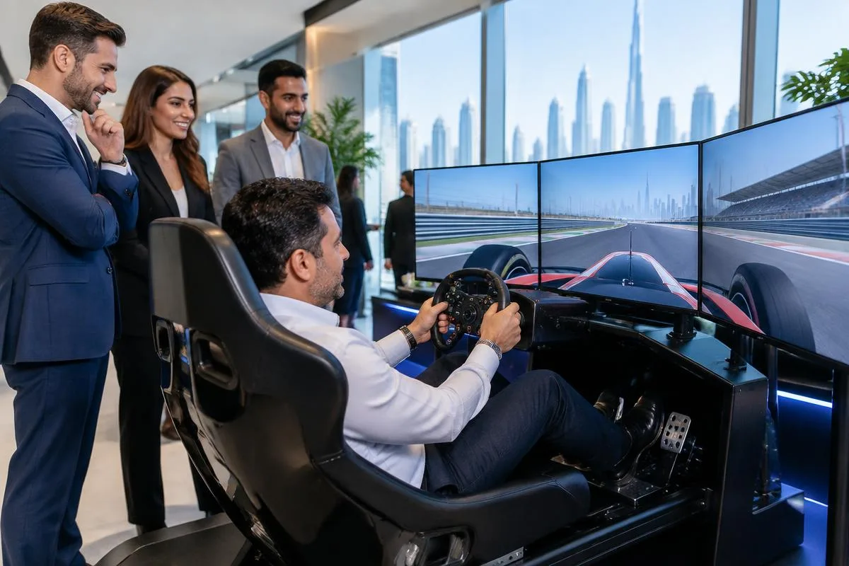 Open-wheel racing simulator with large screens at a Dubai corporate event
