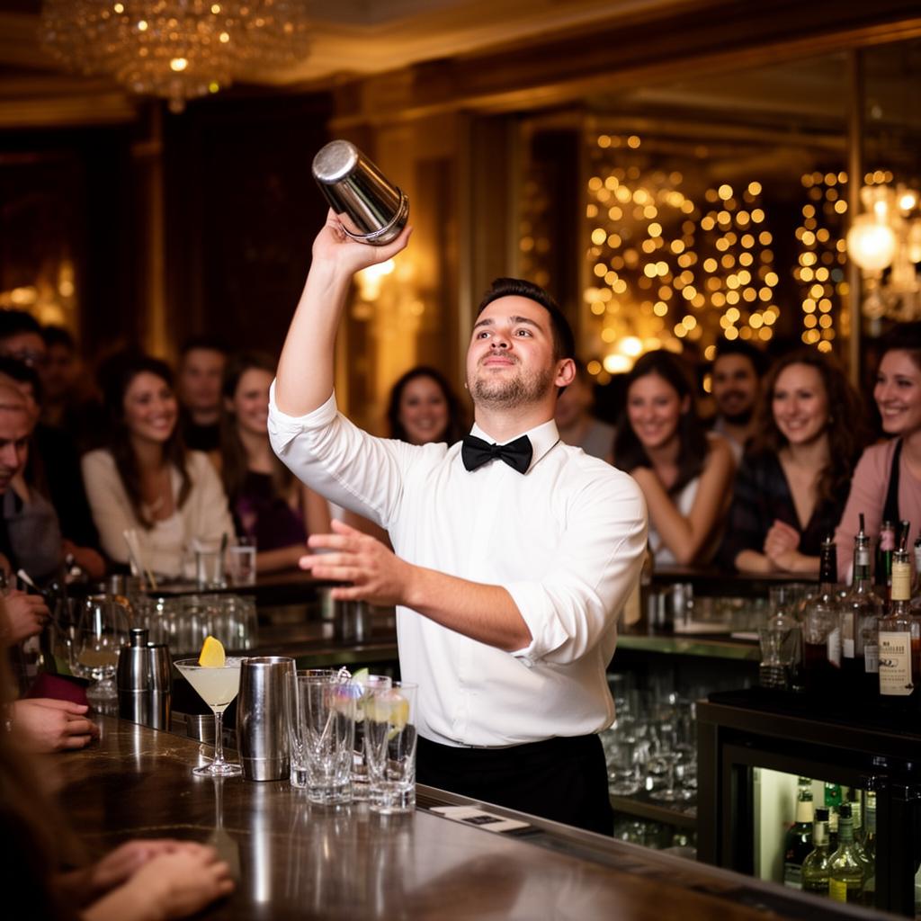 Flair bartender performing at a Dubai luxury cocktail event