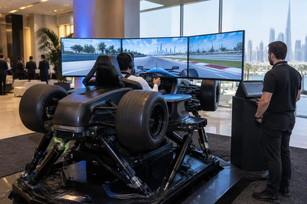 Full Motion F1 Simulator in Dubai Full motion open-wheel racing simulator with technician at a Dubai event