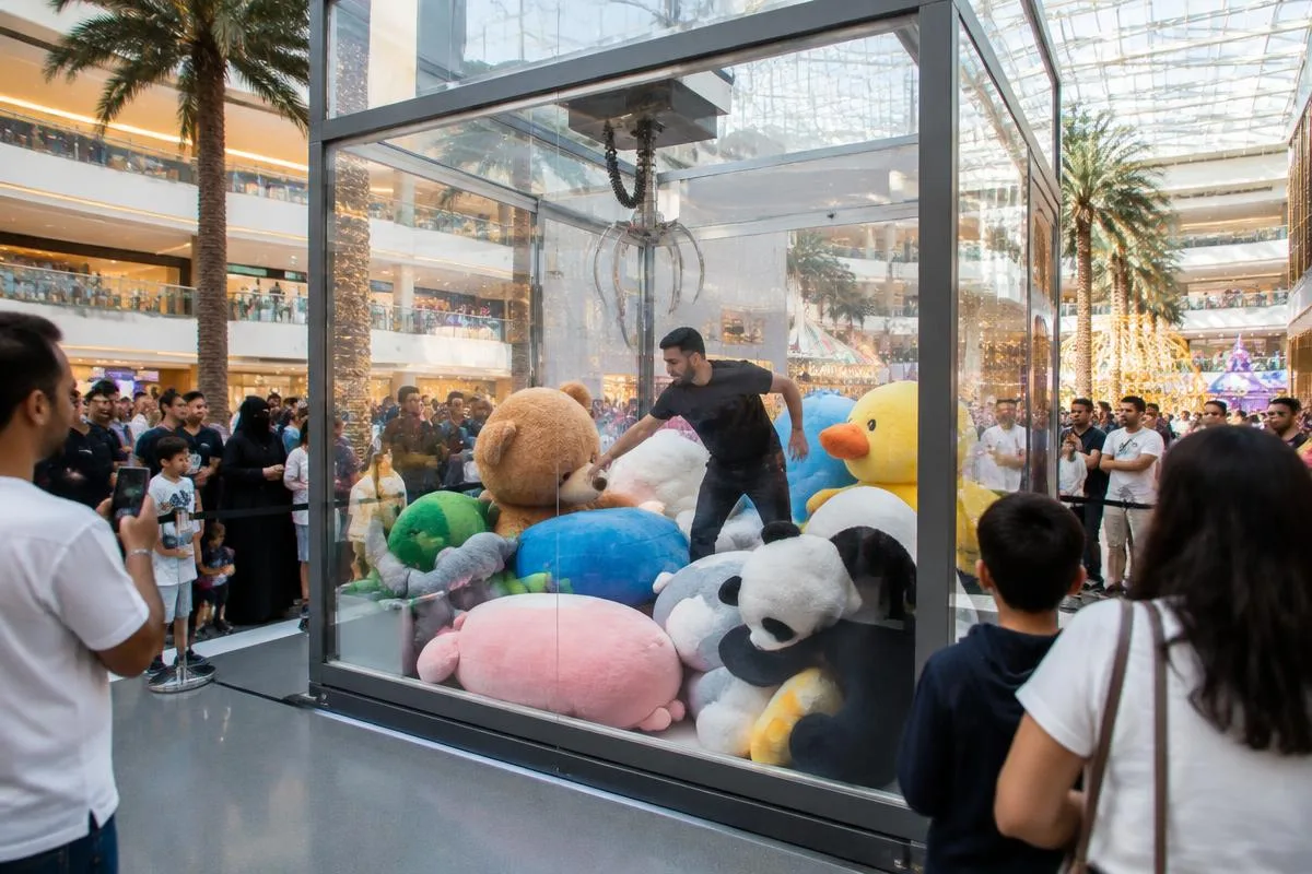 Life-size claw machine with oversized prizes at a bright Dubai mall event