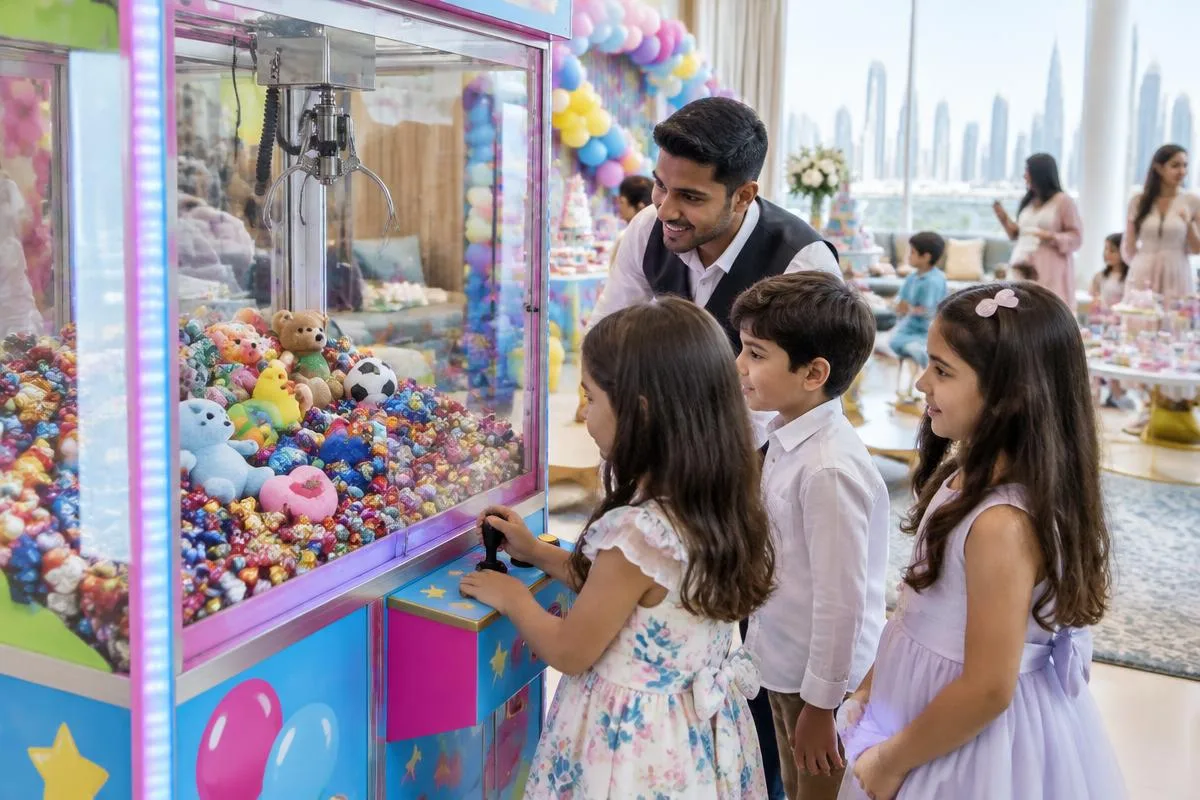 Children playing a candy and toy claw machine at a Dubai birthday party