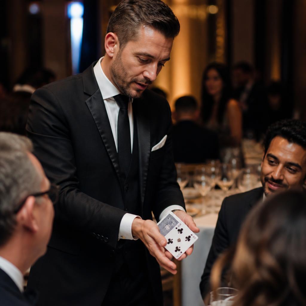 Close-up magician entertaining guests at a Dubai gala dinner