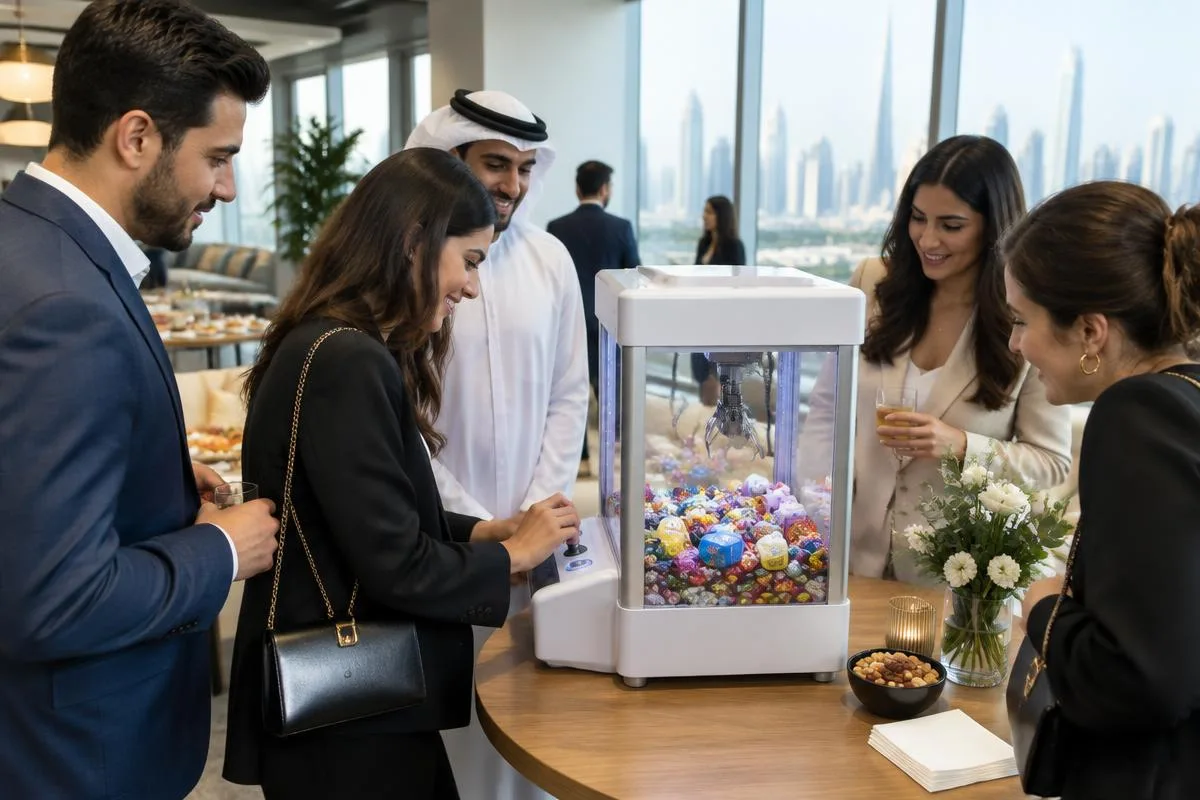 Compact tabletop claw machine at a Dubai office gathering