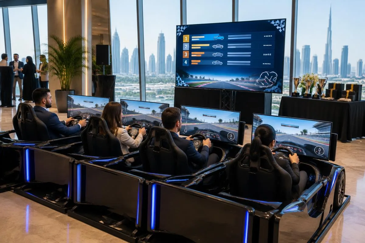 Four linked racing simulators and a leaderboard at a Dubai team building event