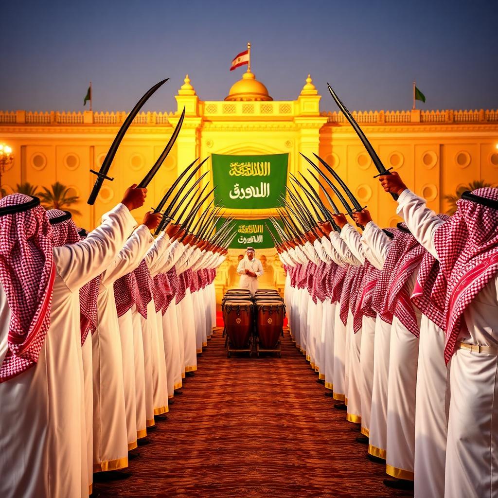 Ardah sword dance troupe with drummers at a Riyadh celebration