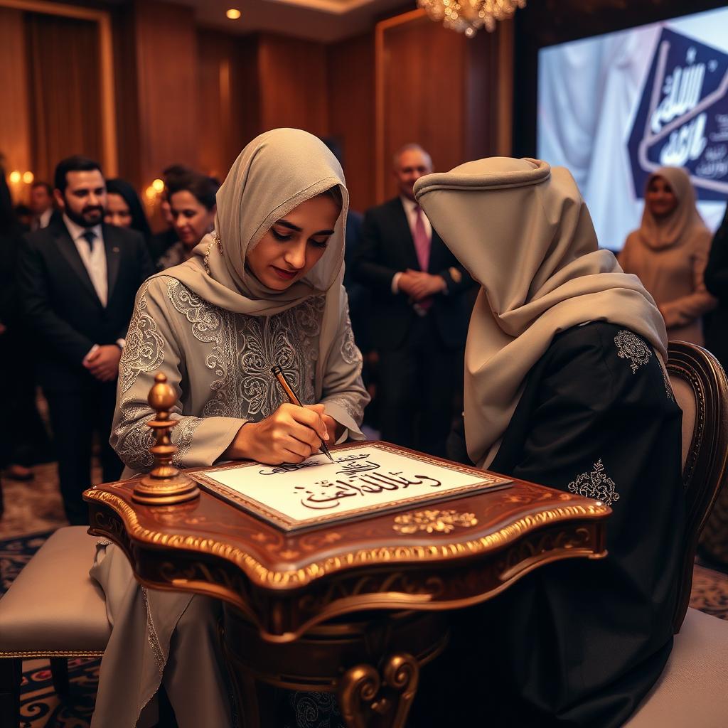 Live Arabic calligrapher creating a guest name plaque at a Dubai event