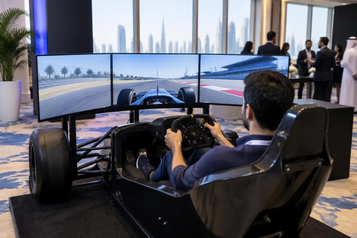 Static open-wheel racing cockpit with three screens at a Dubai indoor event