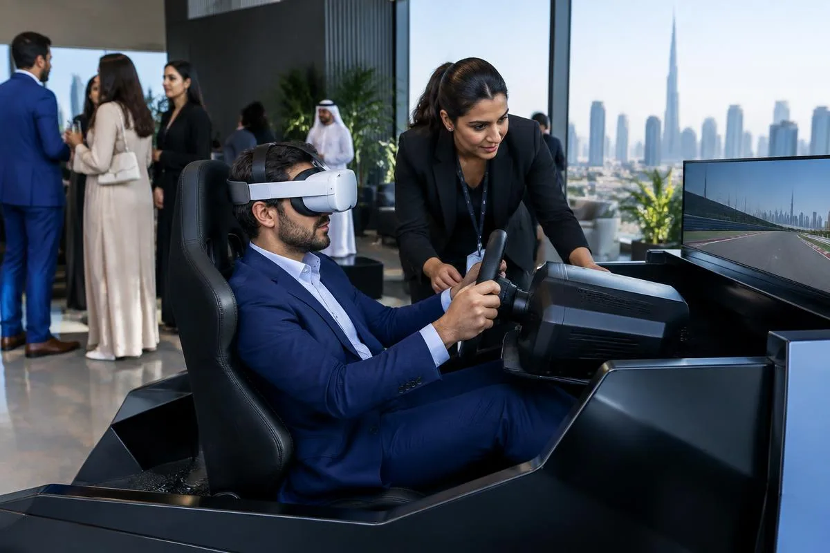 Guest using a VR headset in a racing cockpit with an attendant at a Dubai event