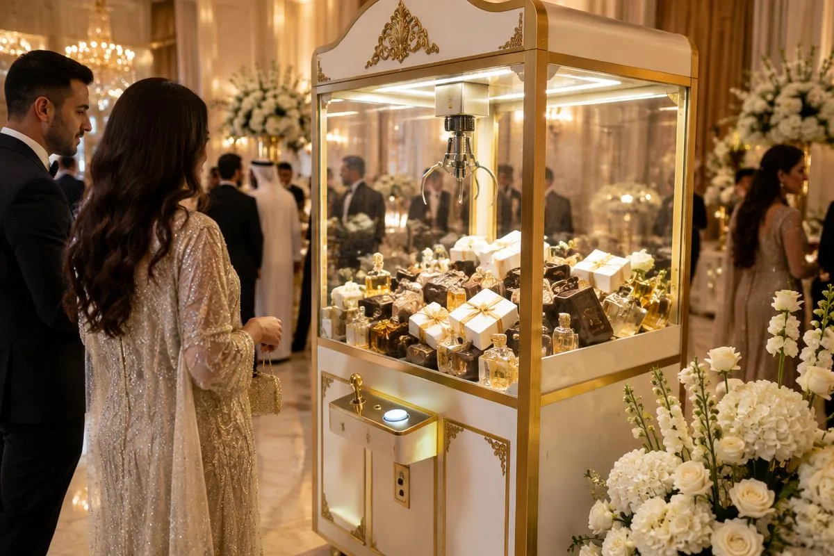 Elegant wedding claw machine filled with favours and gifts in a Dubai ballroom
